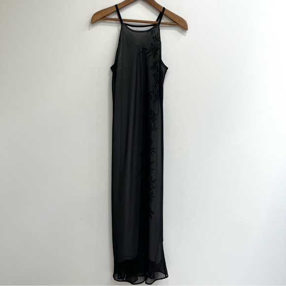 Vintage Y2K Express Sheer Mesh Overlay Black White Floral Maxi Dress Bias Cut - Picture 4 of 10